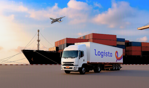 Logista truck next to a container ship.