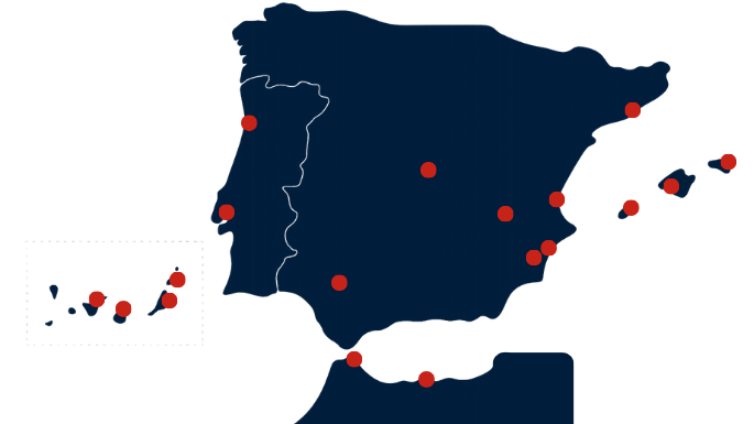 Map of El Mosca by Logista branches across Spain and island territories.